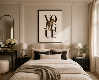 Contemporary leopard wall art in beige and black with Vogue typography and a warm ivory mount, ideal for modern living rooms, gallery walls and stylish home décor.