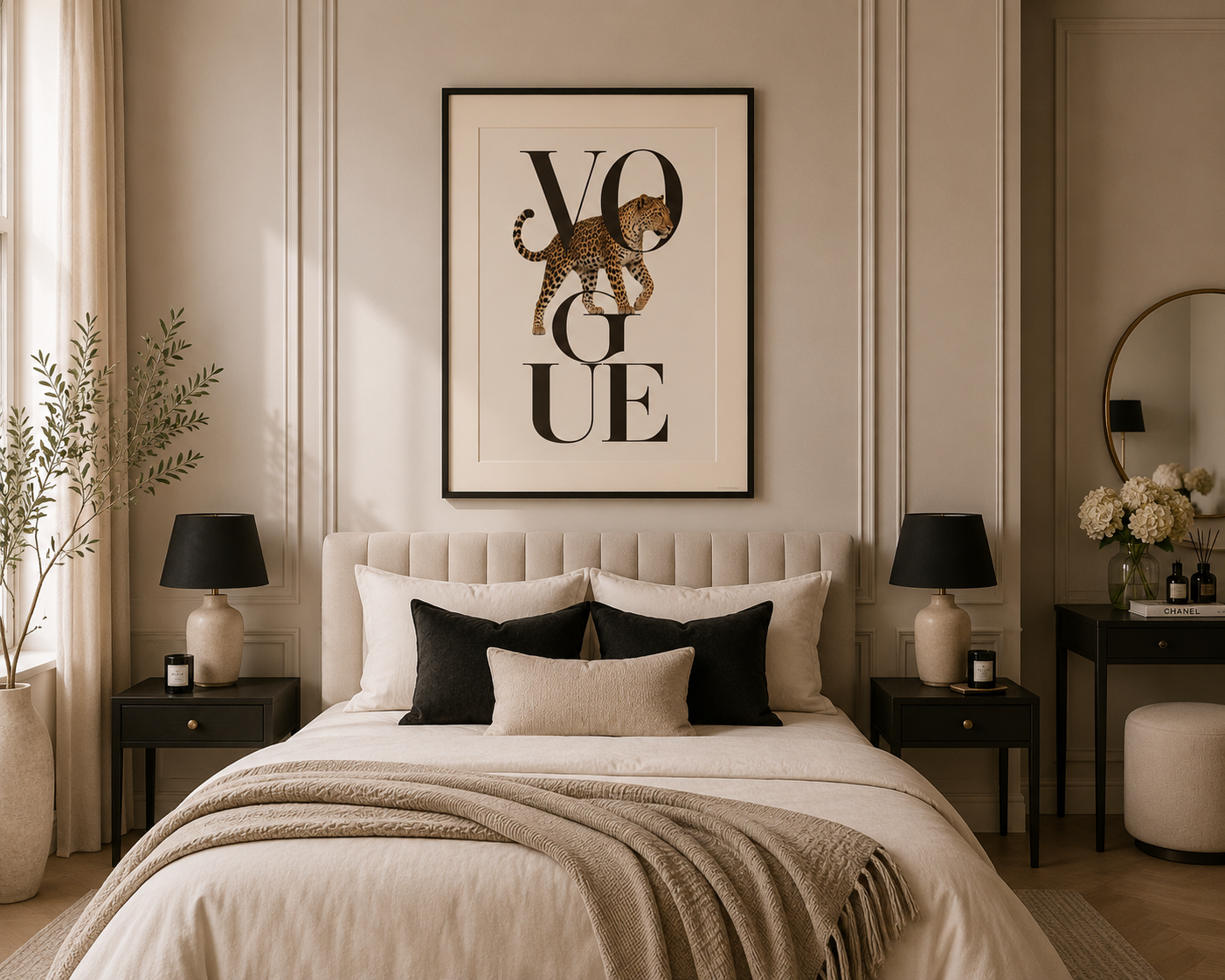 Designer-inspired fashion print with bold Vogue lettering and a walking leopard, creating a sophisticated statement piece for modern living rooms, bedrooms and dressing rooms.