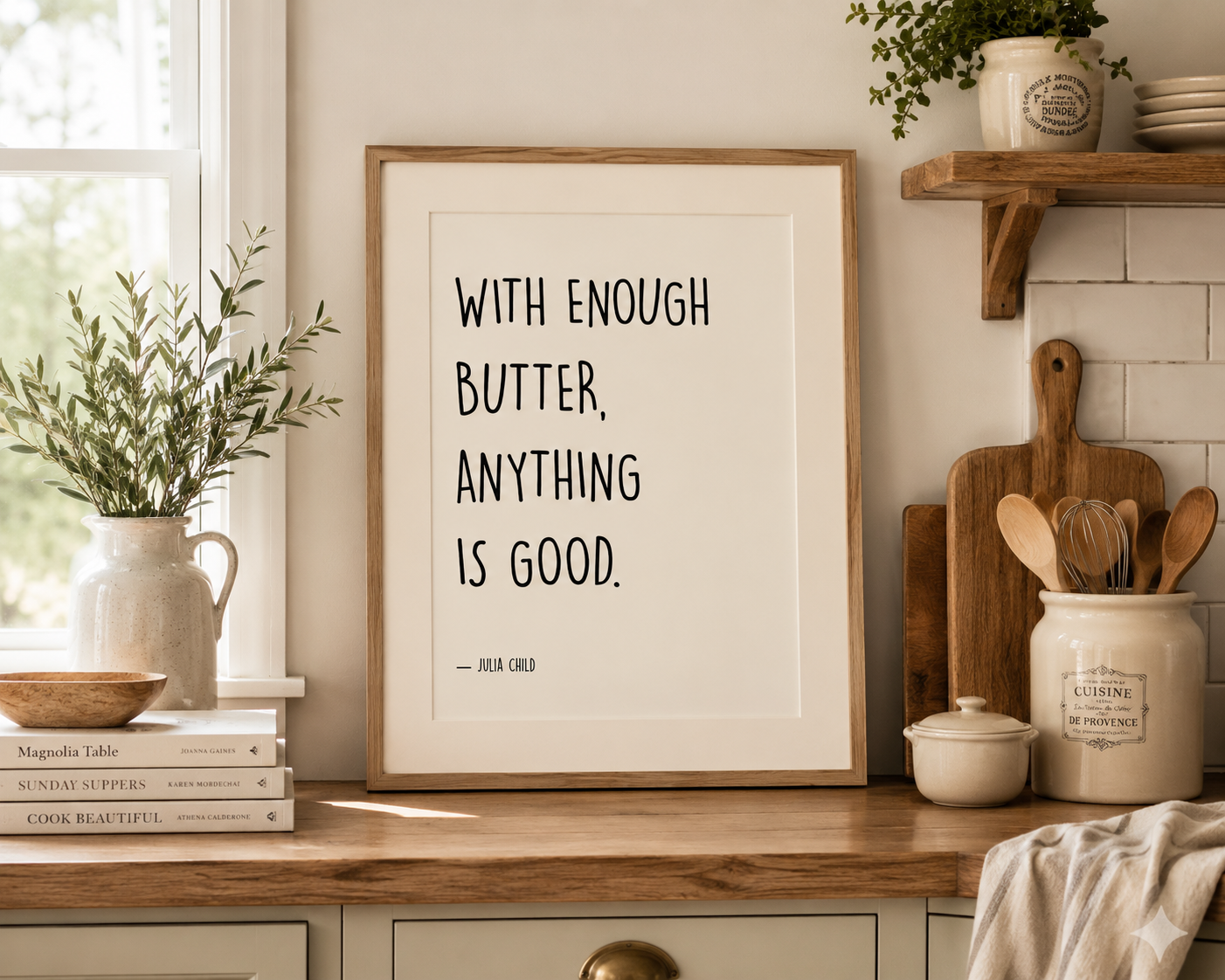 Neutral kitchen wall art inspired by Julia Child, displayed in a French country kitchen with rustic décor and warm tones.