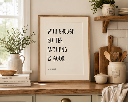 Neutral kitchen wall art inspired by Julia Child, displayed in a French country kitchen with rustic décor and warm tones.