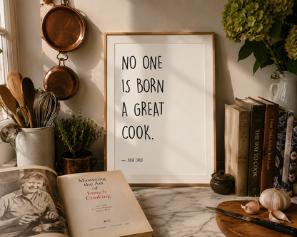 Elegant Julia Child wall art with timeless neutral tones and simple typography, perfect for kitchen gallery walls, dining rooms, coffee stations and cottage-style home décor.