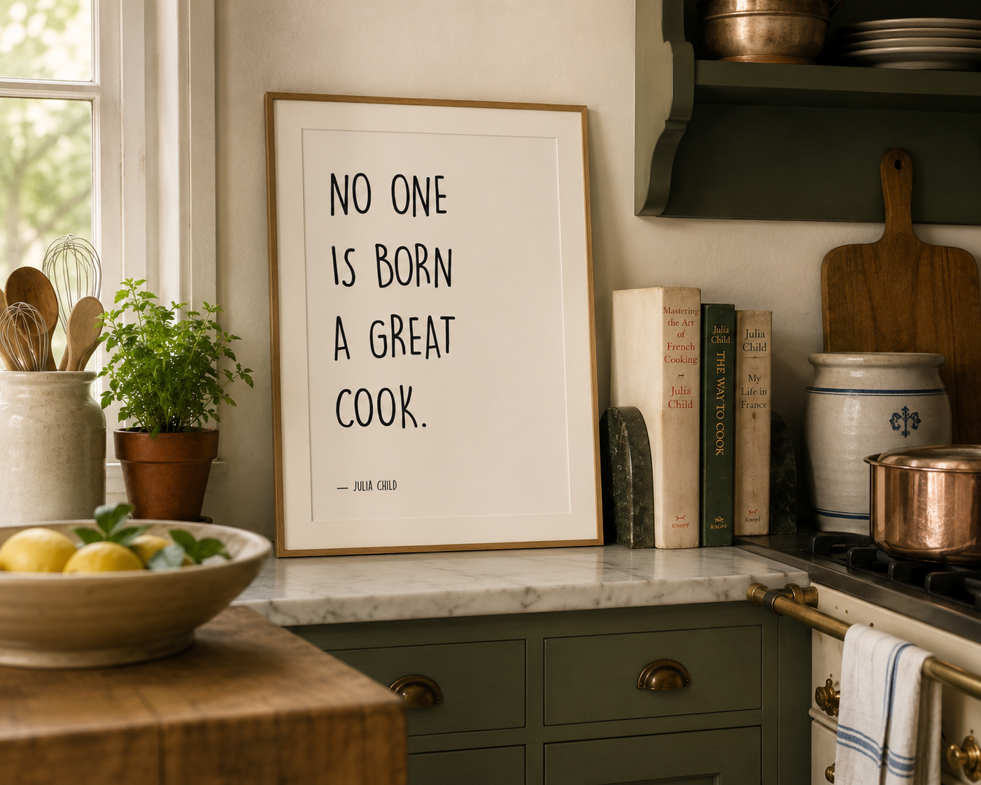 Modern farmhouse kitchen print inspired by Julia Child, showcasing a classic cooking quote in a minimalist design with custom colour options available to complement any home décor style.