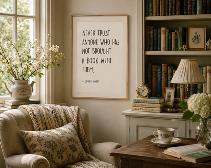 Neutral literary wall art inspired by Lemony Snicket, ideal for book lovers, cosy reading nooks, cottagecore interiors and elegant gallery walls throughout the home.