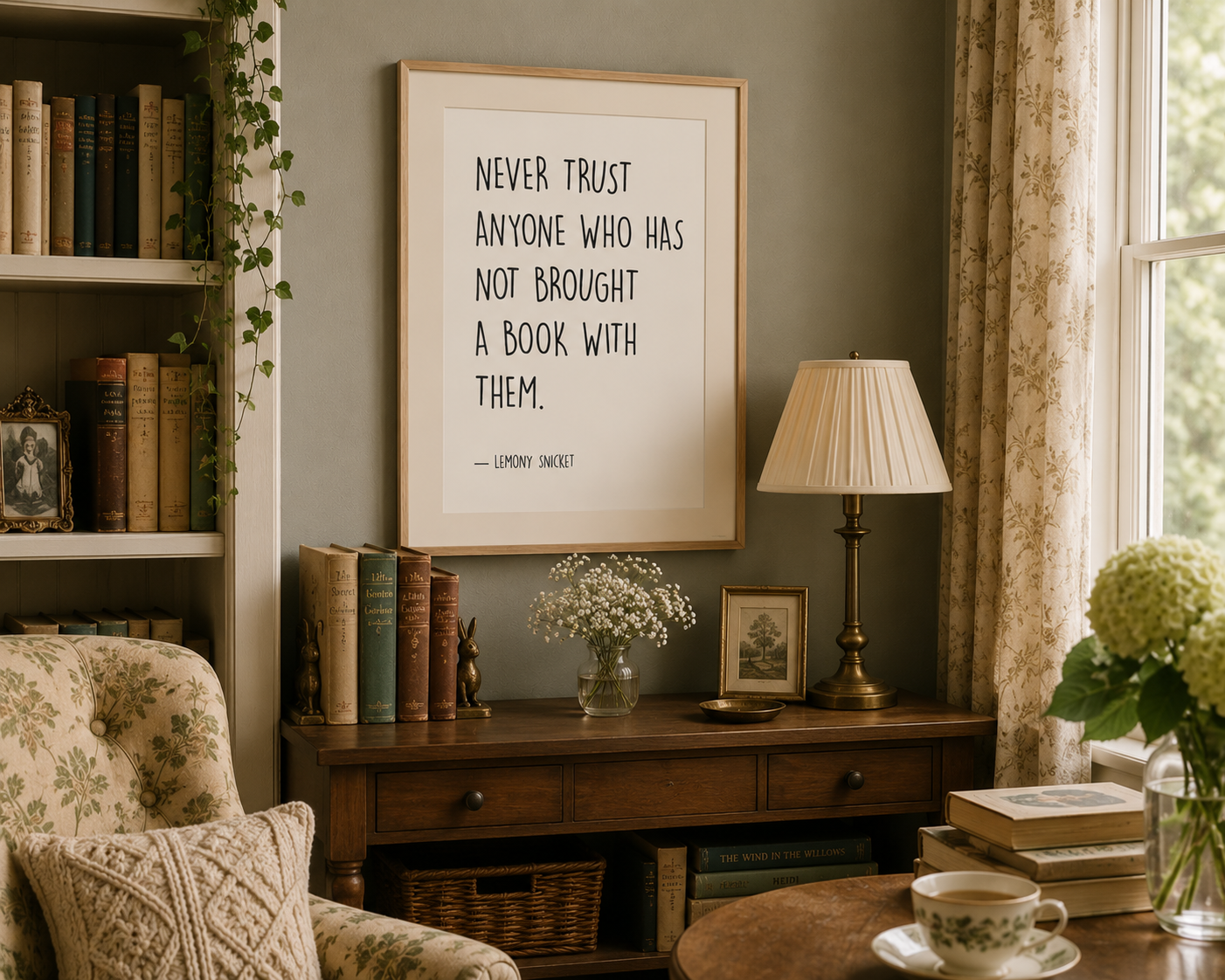 Book lover wall décor with a timeless Lemony Snicket quote, designed in a minimalist style with custom colour options available to complement any bedroom, living room or home library décor.