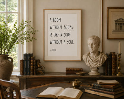 Elegant literary wall art inspired by Cicero, designed in timeless neutral tones for book lovers, cosy reading nooks, cottagecore interiors and sophisticated gallery walls.