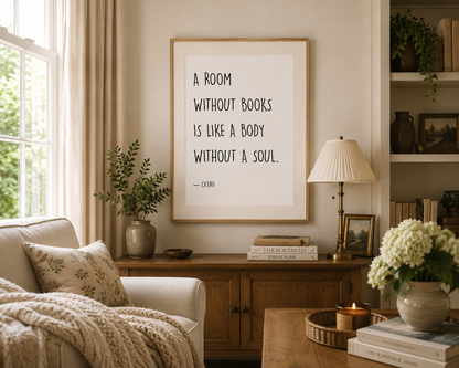 Book lover wall décor showcasing a classic Cicero quote in a minimalist style, with custom colour requests accepted to complement living rooms, bedrooms, offices and home libraries.