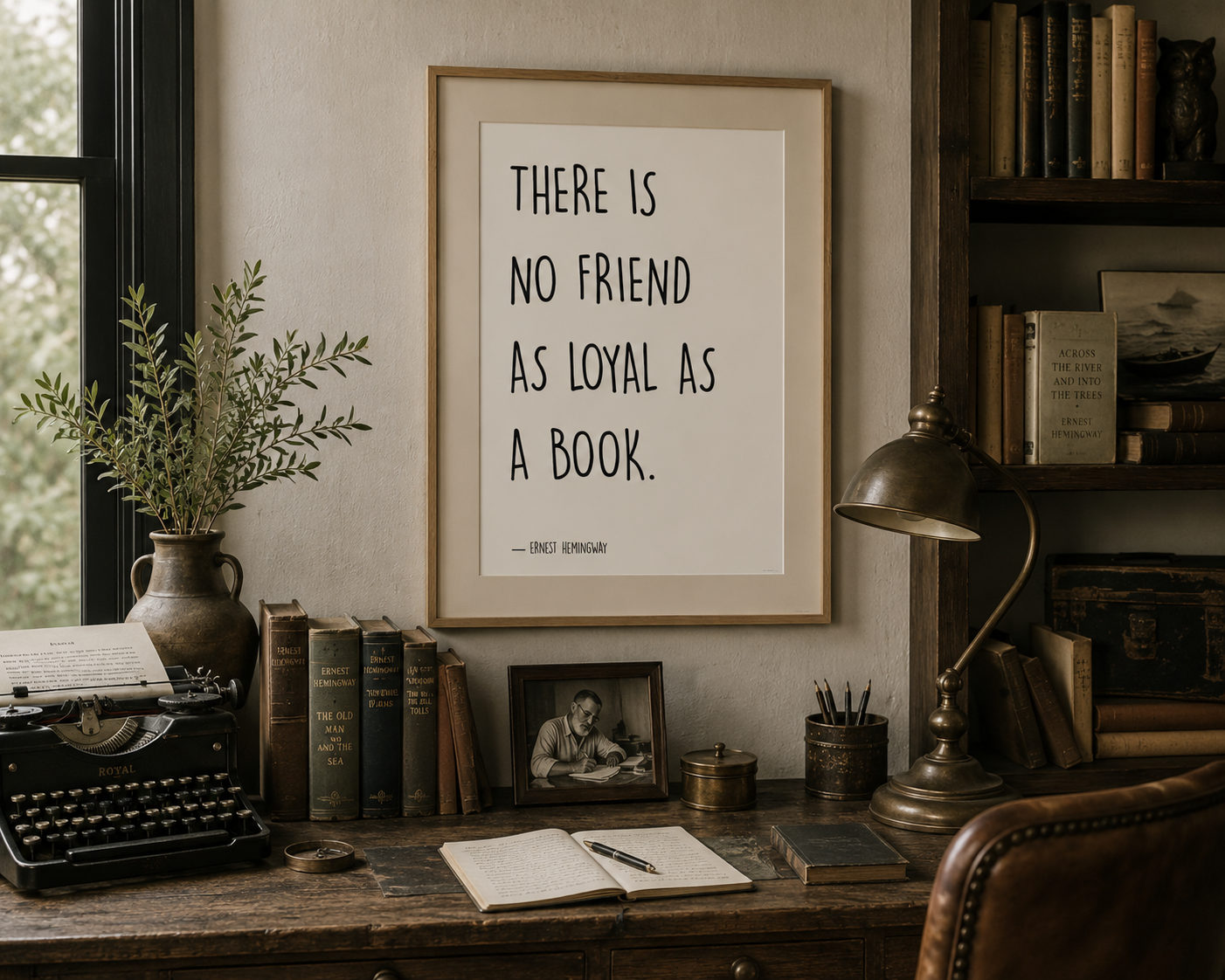 Book lover wall décor showcasing a classic Ernest Hemingway quote in a minimalist style, with custom colour requests accepted to complement living rooms, bedrooms, offices and home libraries.
