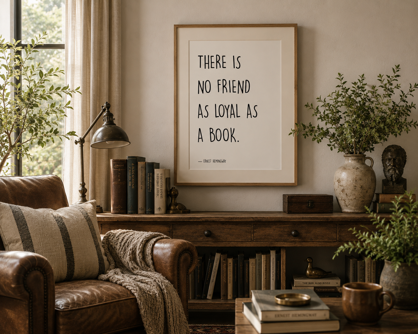 Elegant literary wall art inspired by Ernest Hemingway, designed in timeless neutral tones for book lovers, cosy reading nooks, cottagecore interiors and sophisticated gallery walls.