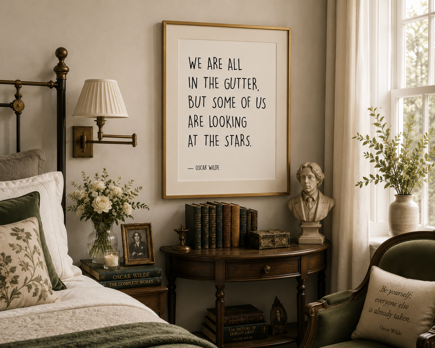 Book lover wall décor showcasing a classic Oscar Wilde quote in a minimalist style, with custom colour requests accepted to complement bedrooms, living rooms, offices and home libraries.