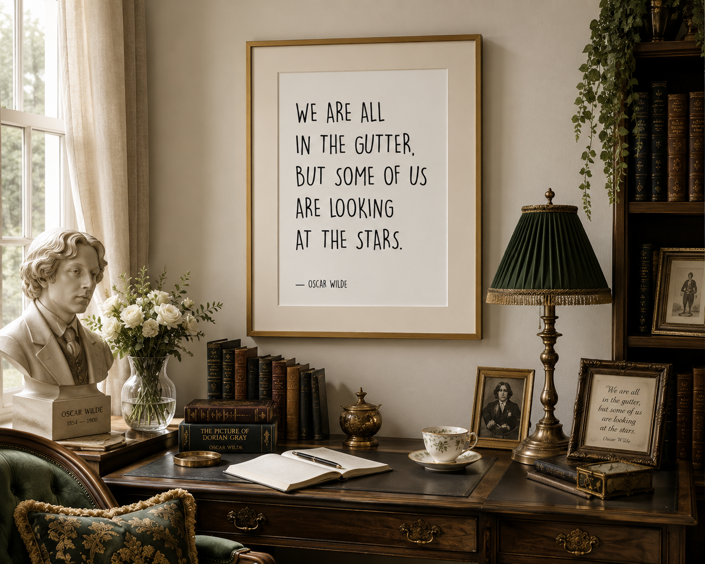 Elegant literary wall art inspired by Oscar Wilde, designed in timeless neutral tones for book lovers, dark academia interiors, cosy reading nooks and sophisticated gallery walls.