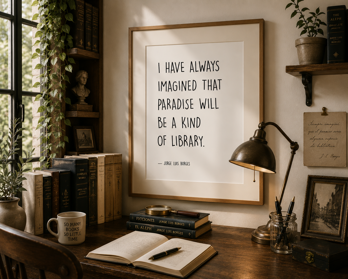 Elegant literary wall art inspired by Jorge Luis Borges, designed in timeless neutral tones for book lovers, dark academia interiors, cosy reading nooks and sophisticated gallery walls.