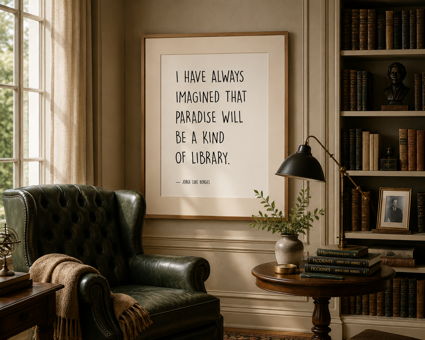 Book lover wall décor showcasing a classic Jorge Luis Borges quote in a minimalist style, with custom colour requests accepted to complement bedrooms, living rooms, offices and home libraries.
