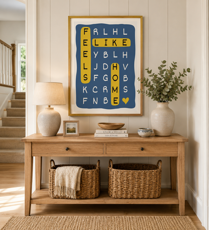 Minimalist family quote print with blue background and yellow lettering, perfect for modern home interiors.