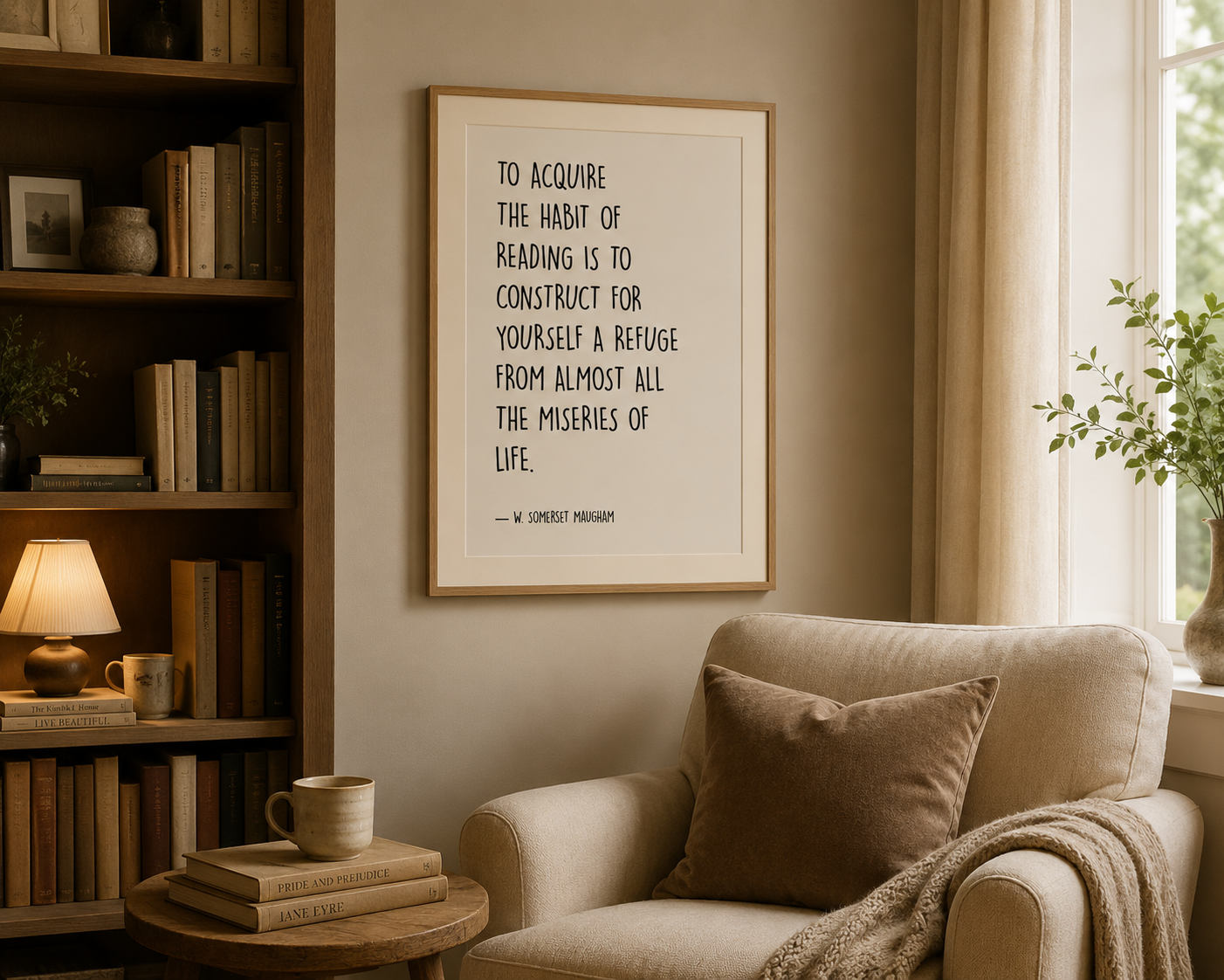 Neutral typography wall art featuring an inspirational W. Somerset Maugham quote about reading, perfect for book lovers, reading nooks and home libraries.