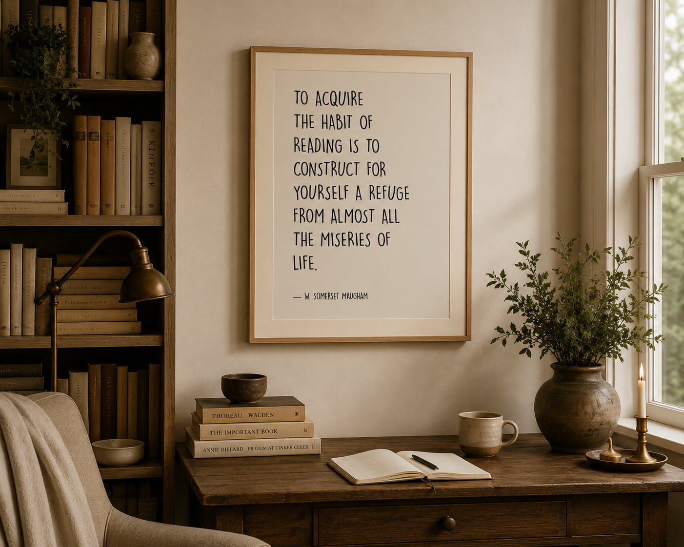 Minimalist literary wall art with black typography on a warm beige background, designed for Scandinavian and Japandi interiors, reading rooms and cosy study spaces.