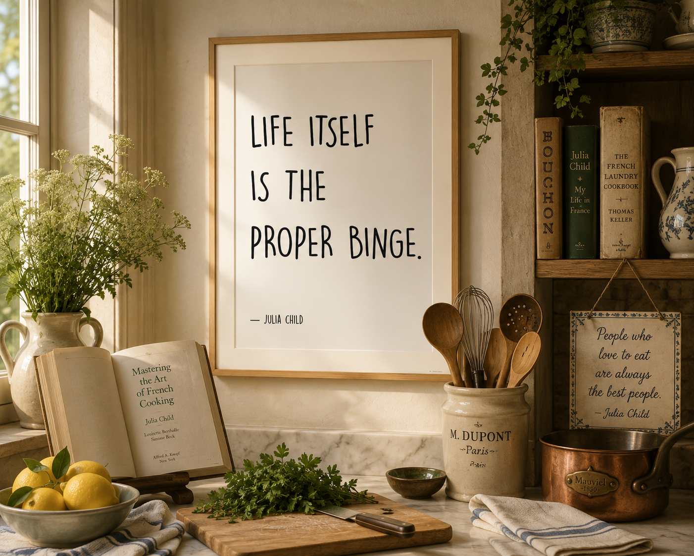 Neutral kitchen wall art featuring the Julia Child quote "Life Itself Is The Proper Binge" styled in a cosy farmhouse interior.