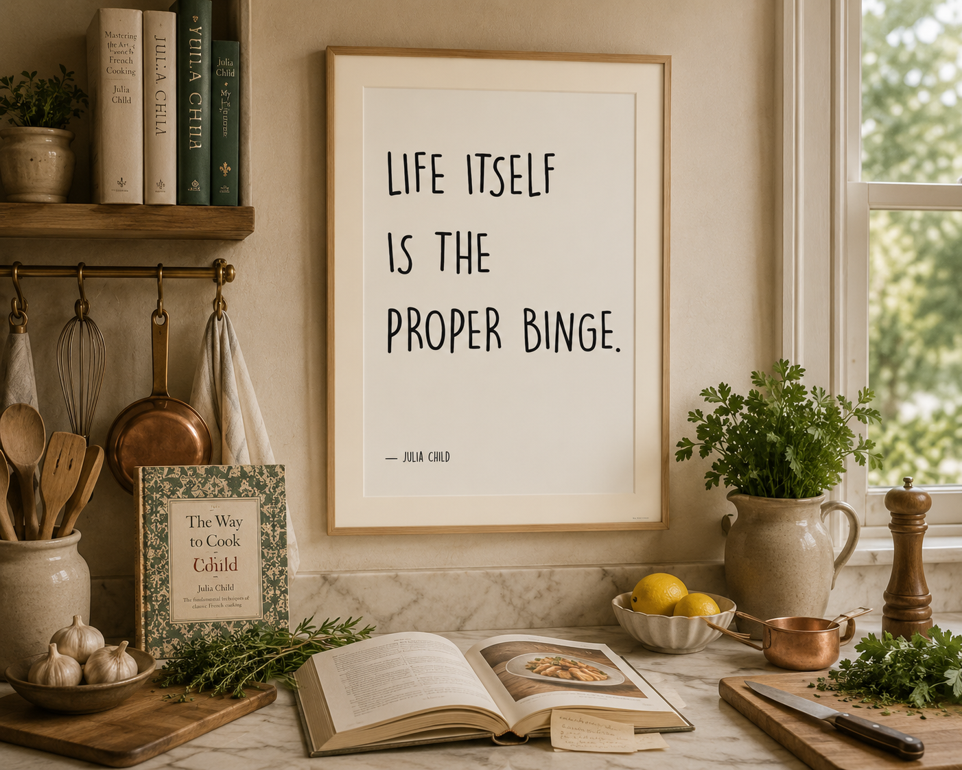 Minimalist typography kitchen print inspired by Julia Child, perfect for French country, cottage and rustic kitchen décor.