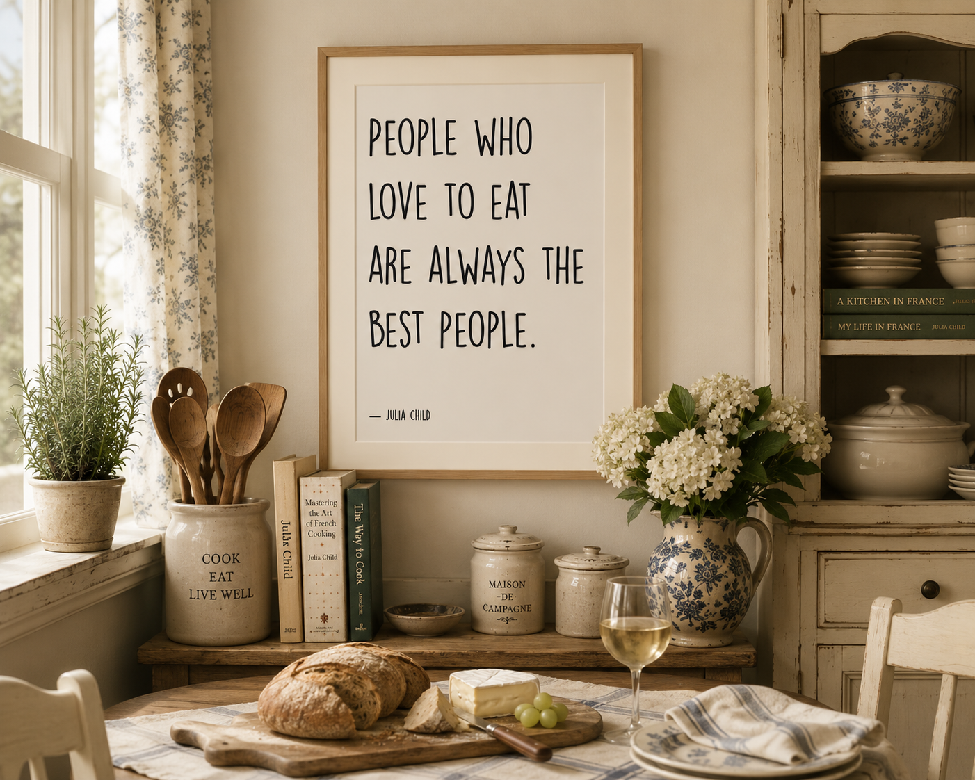 Neutral typography kitchen wall art inspired by Julia Child, displayed in a rustic farmhouse dining room with warm and inviting décor.