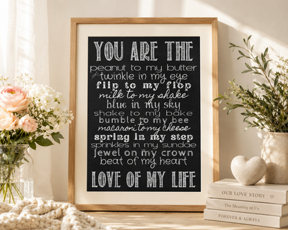 Sentimental couple wall art with romantic phrases including peanut to my butter and beat of my heart, perfect for anniversary gifts and bedroom decor.