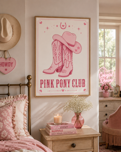 Feminine cowgirl print with pink cowboy boots and hat, perfect for western bedrooms, beauty rooms and coquette interiors.