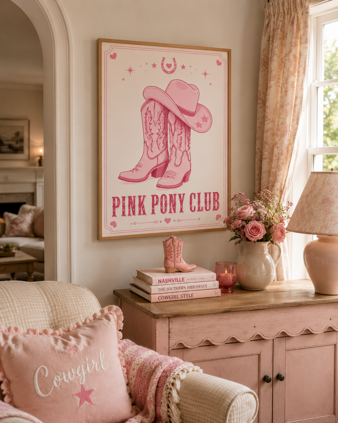 Pink western wall art inspired by country music and Nashville aesthetics, featuring cowboy boots and hat artwork for trendy bedroom decor.