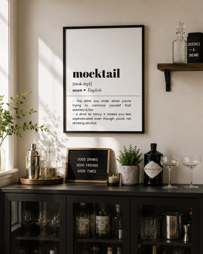 Modern monochrome mocktail poster with dictionary-style definition and humorous quote.