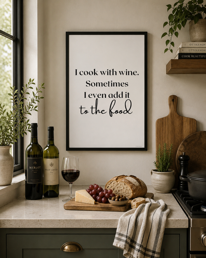 Modern monochrome wine lover print for kitchens, dining rooms and home bars.