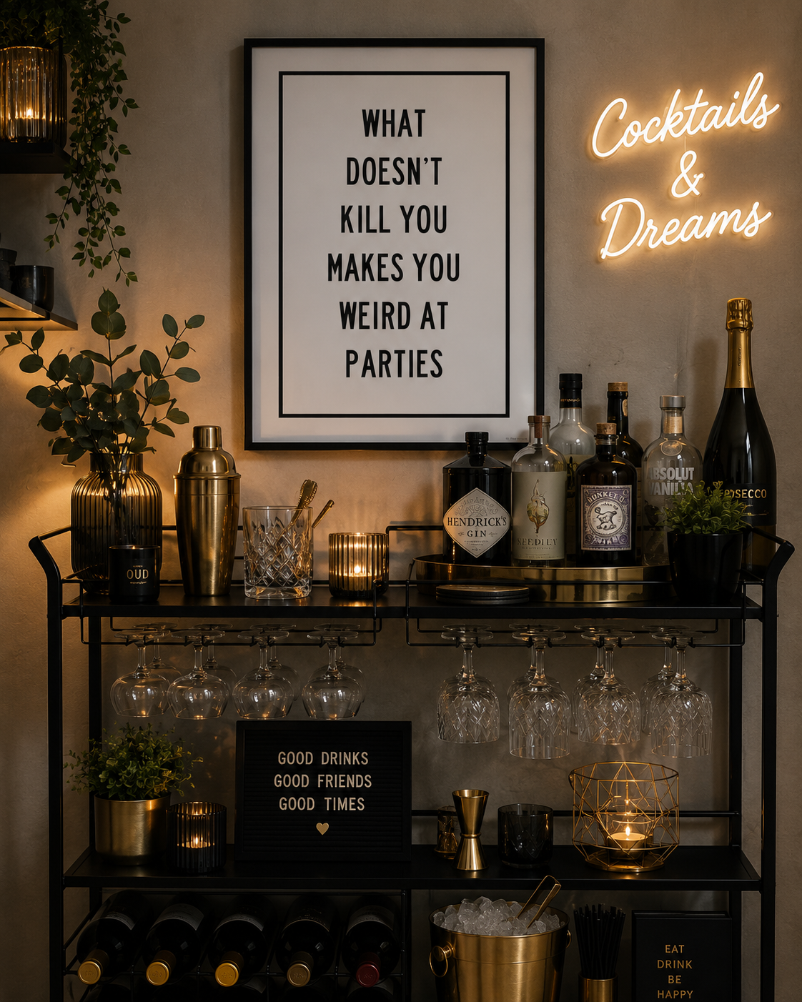 Modern monochrome wall art featuring the humorous quote "What Doesn't Kill You Makes You Weird At Parties" ideal for kitchens and home bars.