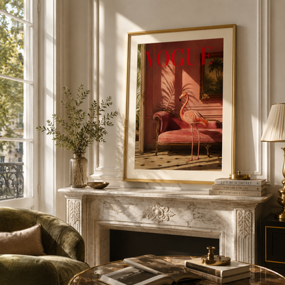 Elegant pink flamingo poster with luxurious blush interiors and high-fashion editorial aesthetics, perfect for glamorous bedrooms and dressing rooms.