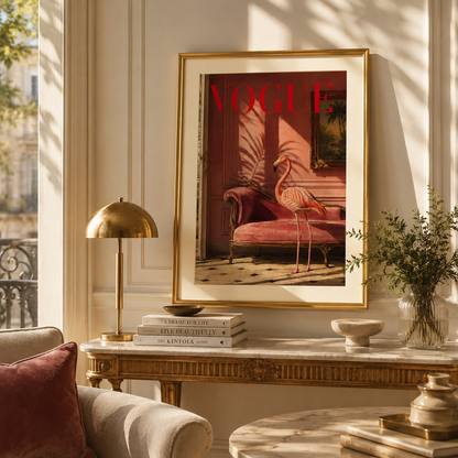 Designer-inspired flamingo wall art with rich pink tones and fashion magazine styling from the exclusive 12-piece Vogue Animal Collection.
