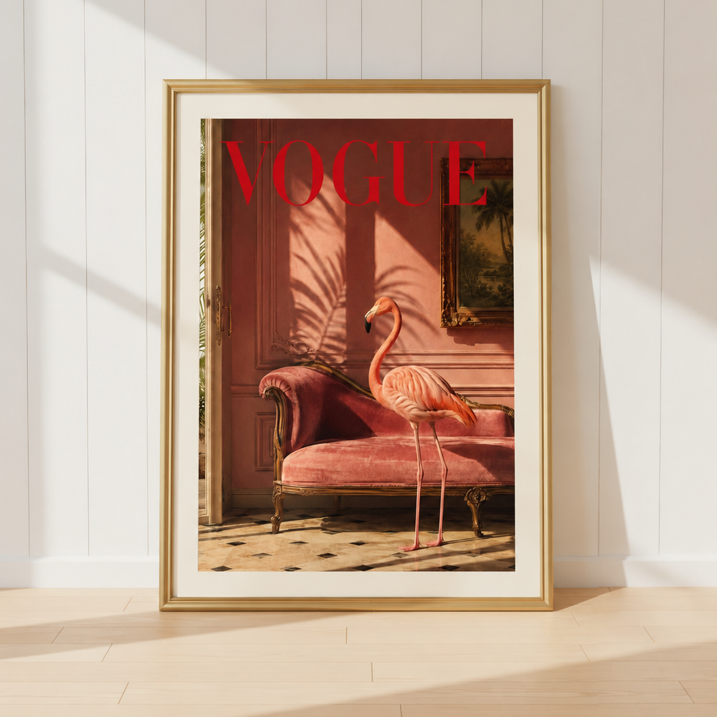 Luxury Vogue-inspired flamingo wall art print featuring a graceful pink flamingo beside a velvet chaise in a blush pink interior with gold accents.