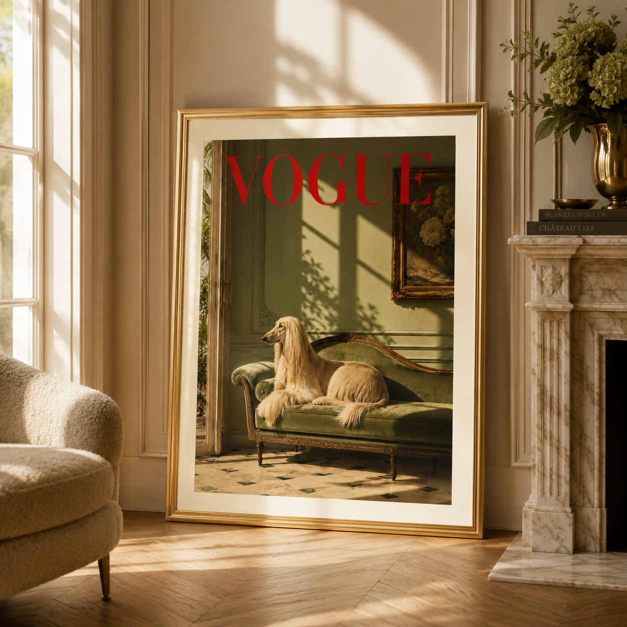 Designer-inspired dog wall art with a graceful Afghan Hound and luxurious green surroundings from the exclusive 12-piece Vogue Animal Collection.