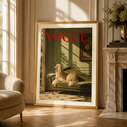 Designer-inspired dog wall art with a graceful Afghan Hound and luxurious green surroundings from the exclusive 12-piece Vogue Animal Collection.