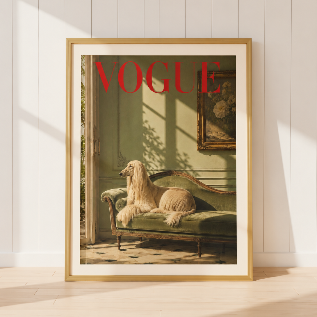 Luxury Vogue-inspired Afghan Hound wall art print featuring an elegant cream Afghan Hound resting on a vintage chaise within a sophisticated sage green interior.