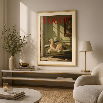 Elegant Afghan Hound poster with rich sage green tones and high-fashion editorial styling, perfect for luxury bedrooms and sophisticated interiors.