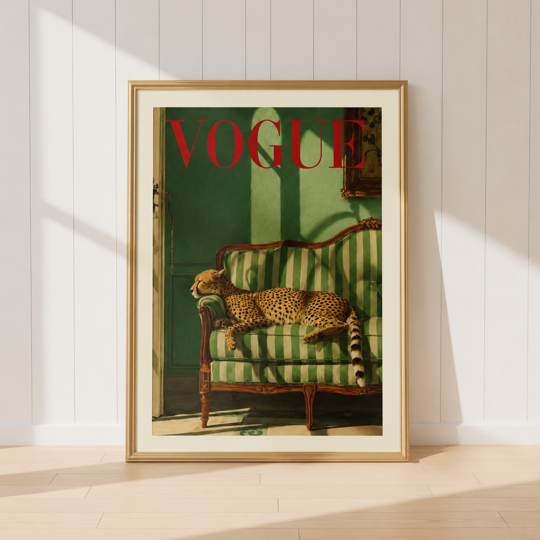Designer-inspired cheetah poster with rich green interiors and fashion magazine styling from the exclusive collection of 12.