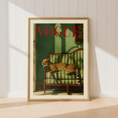 Designer-inspired cheetah poster with rich green interiors and fashion magazine styling from the exclusive collection of 12.