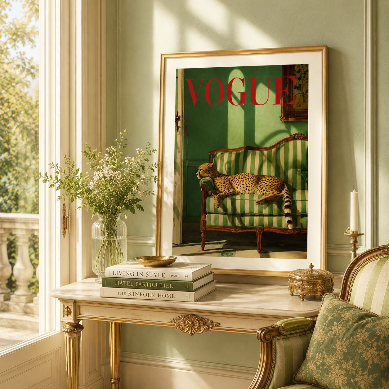 Luxury Vogue-inspired cheetah wall art print featuring a resting cheetah on a striped antique sofa inside an elegant emerald green room.
