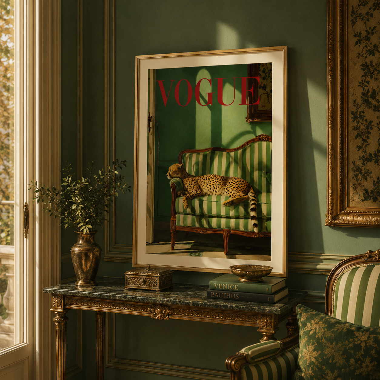 Elegant emerald green cheetah wall art with a luxury Vogue aesthetic designed for sophisticated interiors and gallery walls.