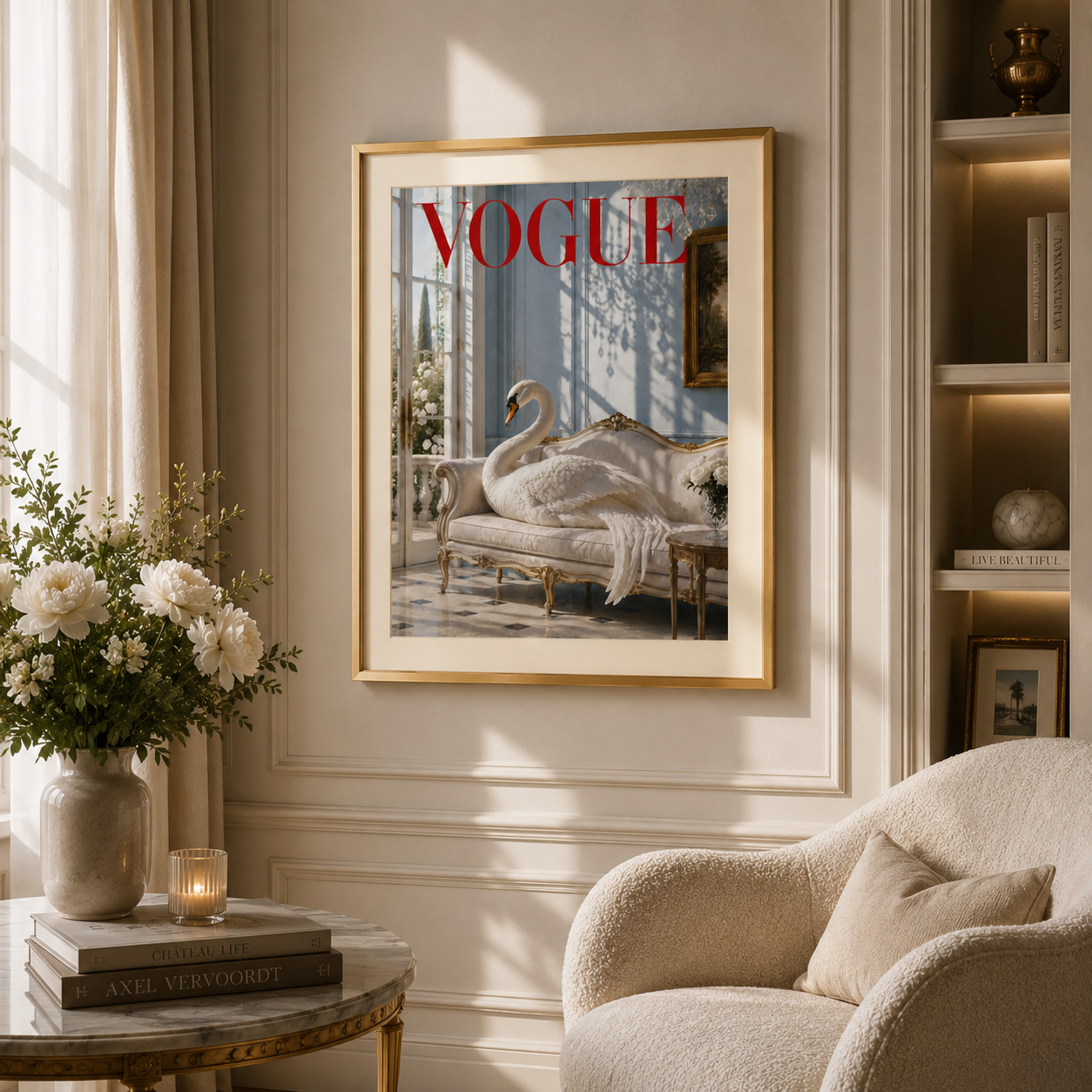 Designer-inspired white swan poster with antique gold details and editorial styling from the exclusive 12-piece Vogue Animal Collection.
