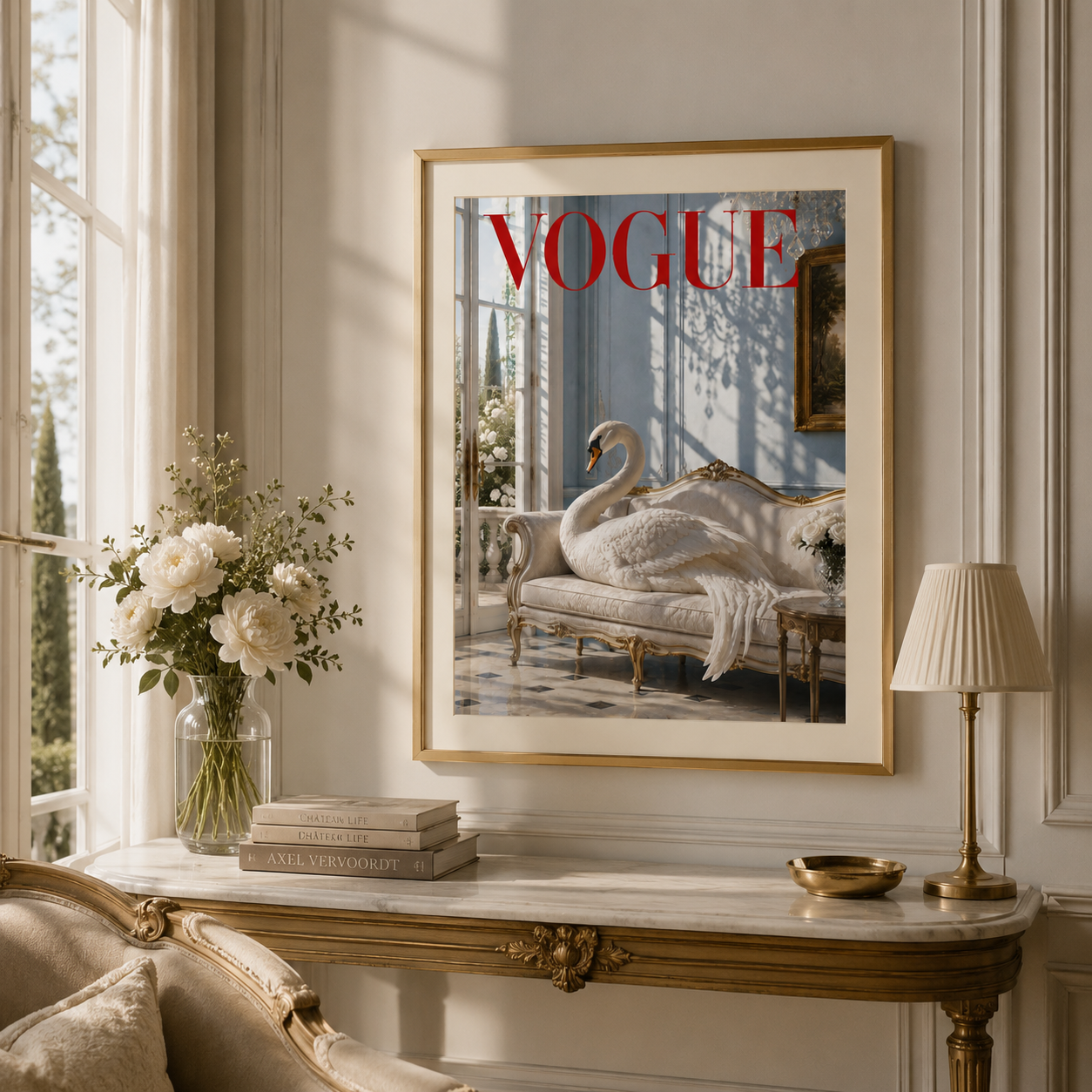 Elegant swan wall art with soft blue tones and luxurious French interiors, perfect for sophisticated bedrooms and living spaces.
