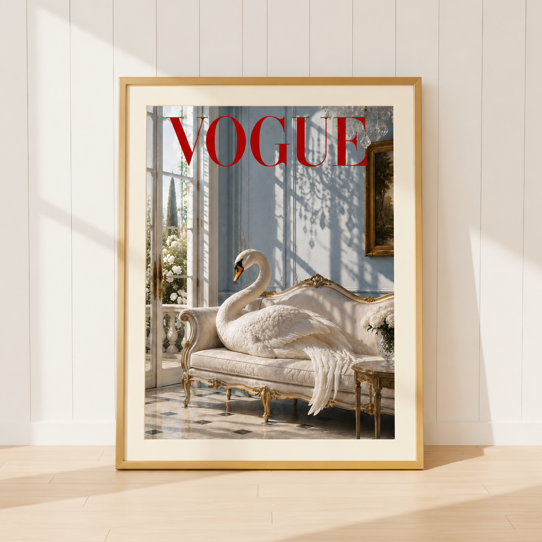 Luxury Vogue-inspired swan wall art featuring a graceful white swan resting on an elegant French sofa in a powder blue interior.