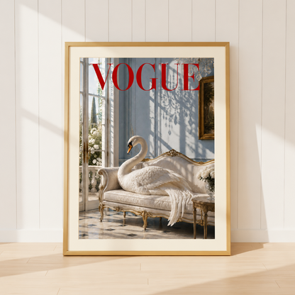 Luxury Vogue-inspired swan wall art featuring a graceful white swan resting on an elegant French sofa in a powder blue interior.