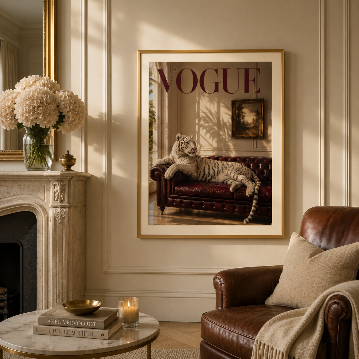 Designer-inspired white tiger poster with rich burgundy tones and editorial styling from the exclusive 12-piece Vogue Animal Collection.