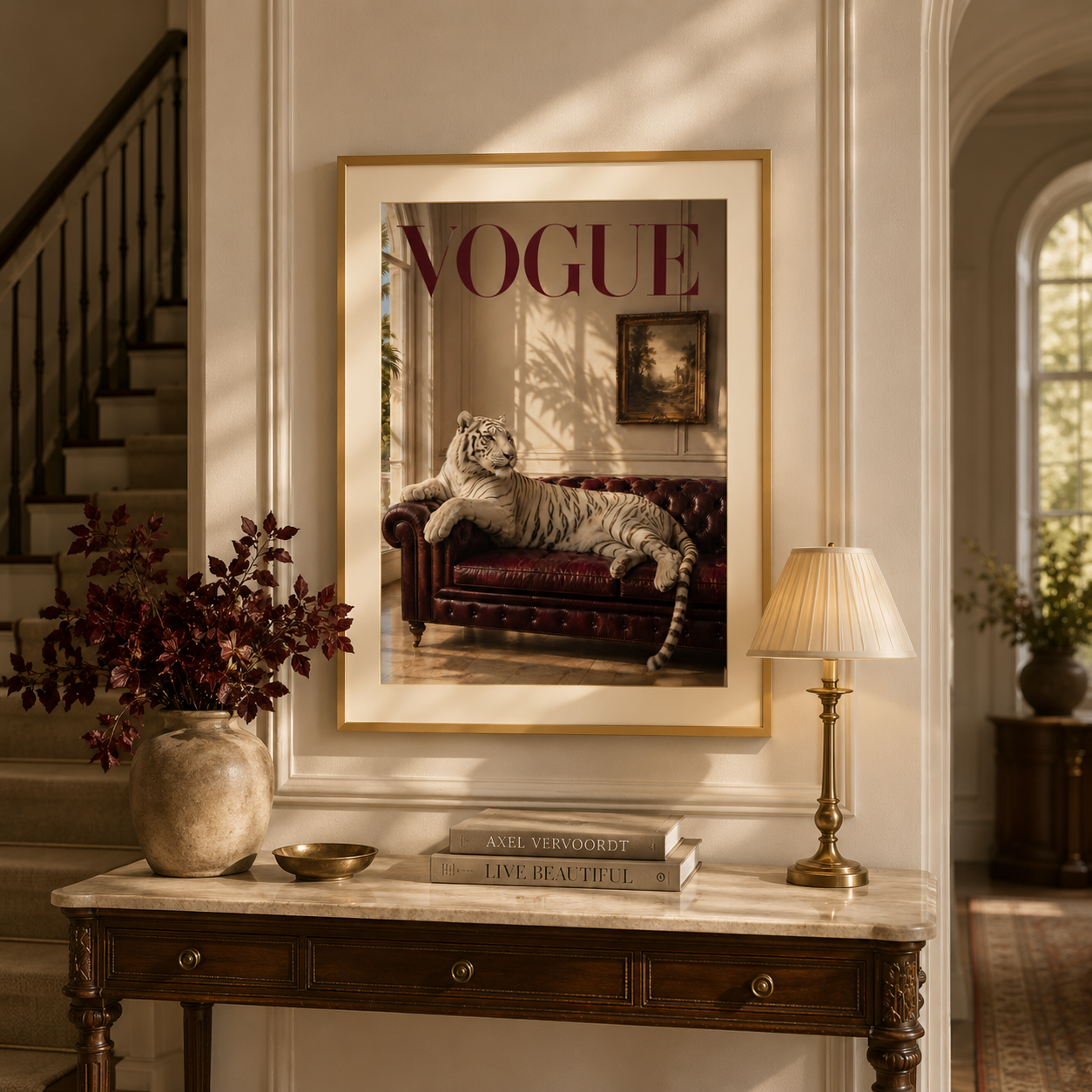 Elegant white tiger wall art with luxurious interiors and timeless fashion magazine aesthetics, perfect for sophisticated homes and gallery walls.