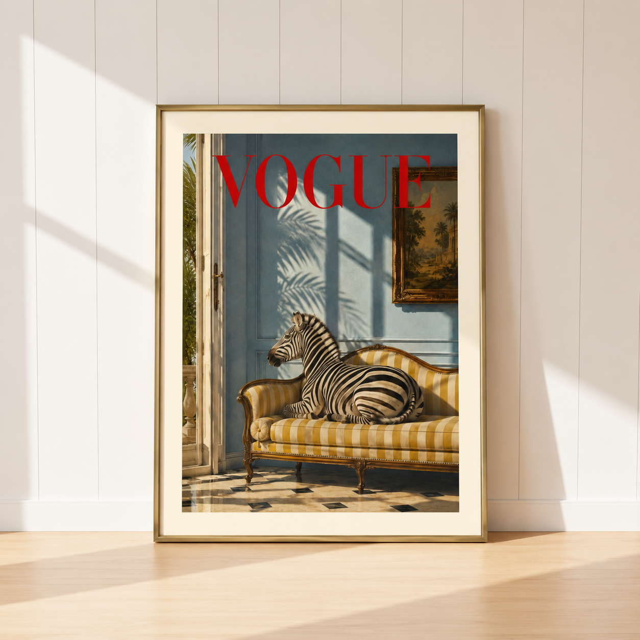 Luxury Zebra wall art print featuring a majestic zebra resting on a striped chaise with soft blue walls and Vogue-inspired styling.