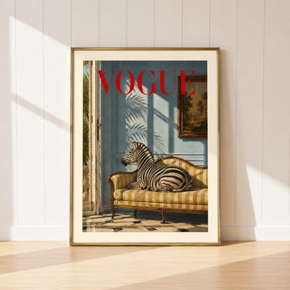 Luxury Zebra wall art print featuring a majestic zebra resting on a striped chaise with soft blue walls and Vogue-inspired styling.