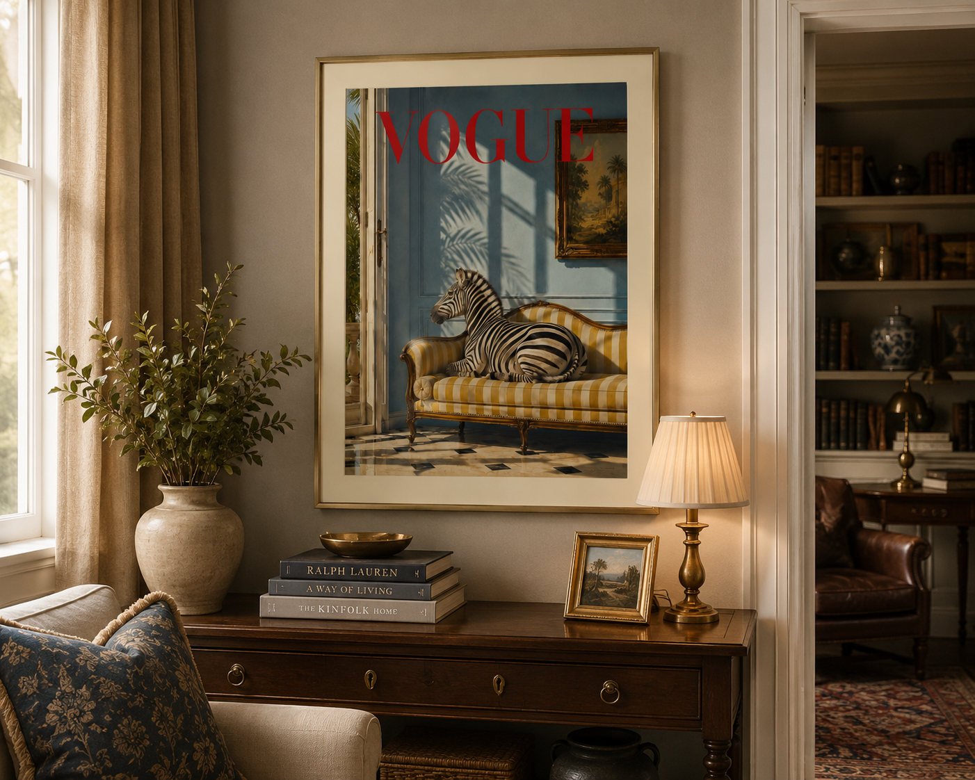 Designer-inspired Zebra poster with old money décor aesthetics and elegant Mediterranean colours.