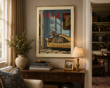 Designer-inspired Zebra poster with old money décor aesthetics and elegant Mediterranean colours.