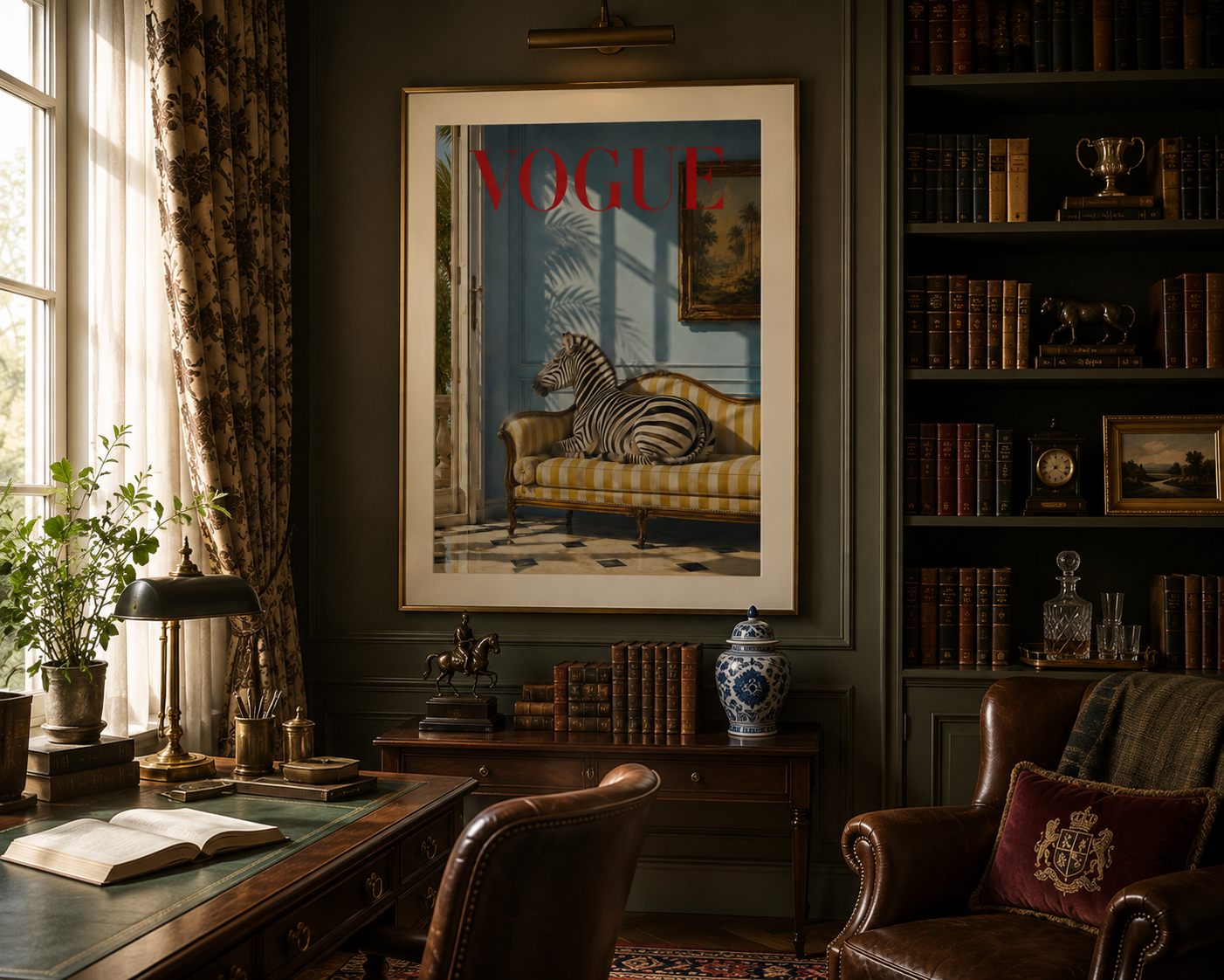 Vogue Animal Collection Zebra wall art featuring timeless safari style and sophisticated European interiors, perfect for living rooms, bedrooms and home libraries.